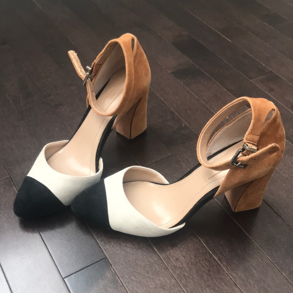 BCBG Billee color block suede heels